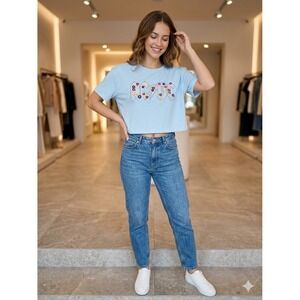 AC/DC Floral Graphic Cropped T-Shirt Light Blue Embroidered Band Tee XXL